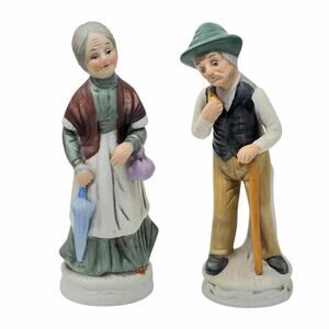 Vintage FBIA Porcelain Elderly Couple Figurines Umbrella Bag Cane Pipe Rare HTF